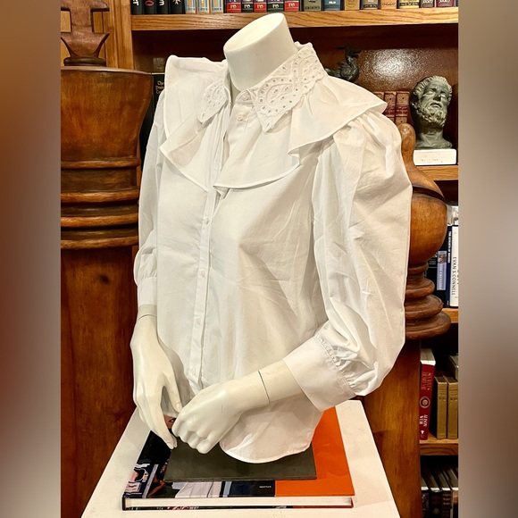 ZARA 100% Eco Cotton - Victorian Ruffle Collar White Blouse - Picture 3 of 8